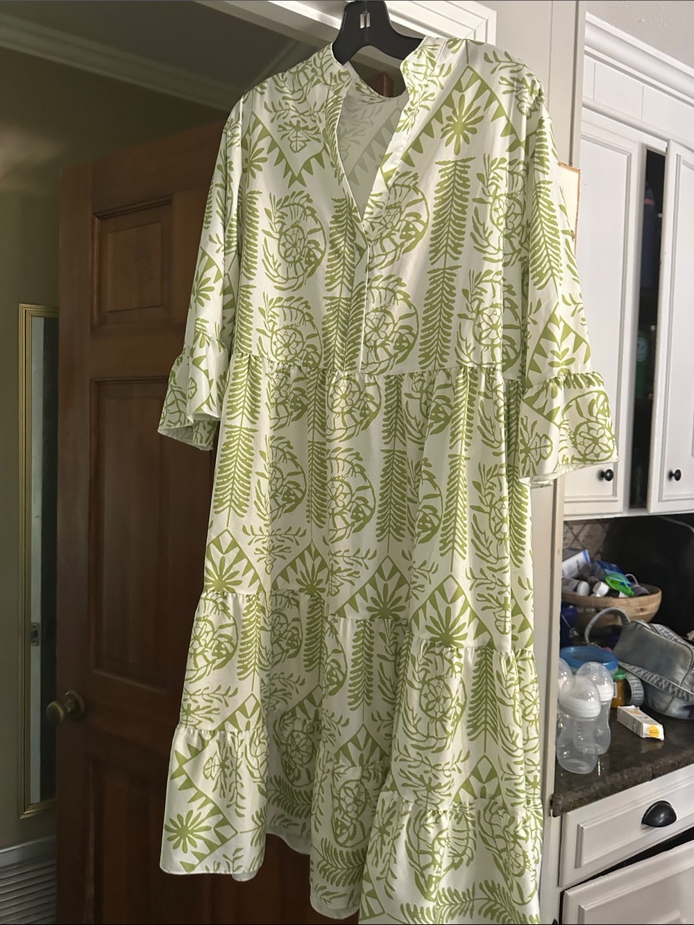 Source Unknown White Midi Dress with Light Green Botanical Print